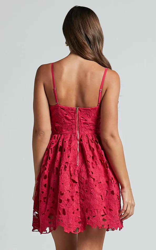 Showpo Auriana Mini Dress 8211 Sweetheart Fit and Flare Lace Dress In Red Women Dresses
