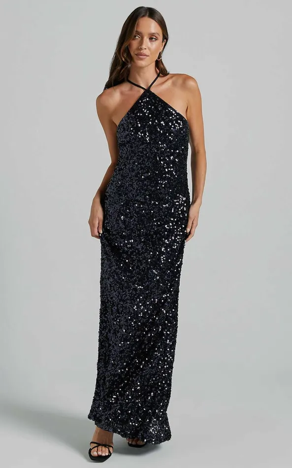 Showpo Aurora Maxi Dress 8211 Halter Neck Bodycon Sequin In Navy Women Dresses Showpo Aurora Maxi Dress 8211 Halter Neck Bodycon Sequin In Navy Women Dresses