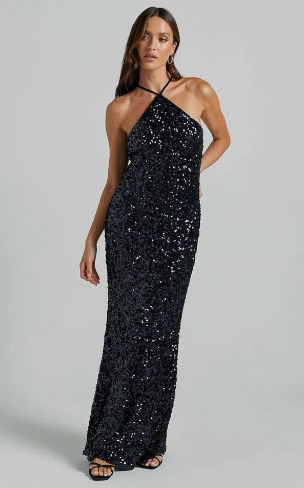 Showpo Aurora Maxi Dress 8211 Halter Neck Bodycon Sequin In Navy Women Dresses