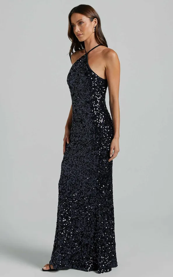 Showpo Aurora Maxi Dress 8211 Halter Neck Bodycon Sequin In Navy Women Dresses