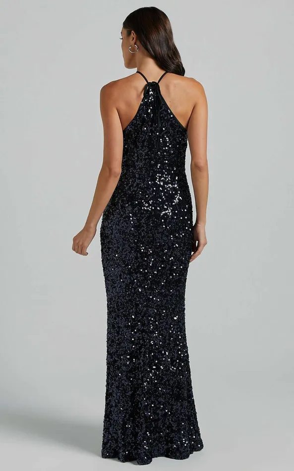 Showpo Aurora Maxi Dress 8211 Halter Neck Bodycon Sequin In Navy Women Dresses