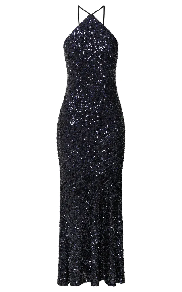Showpo Aurora Maxi Dress 8211 Halter Neck Bodycon Sequin In Navy Women Dresses