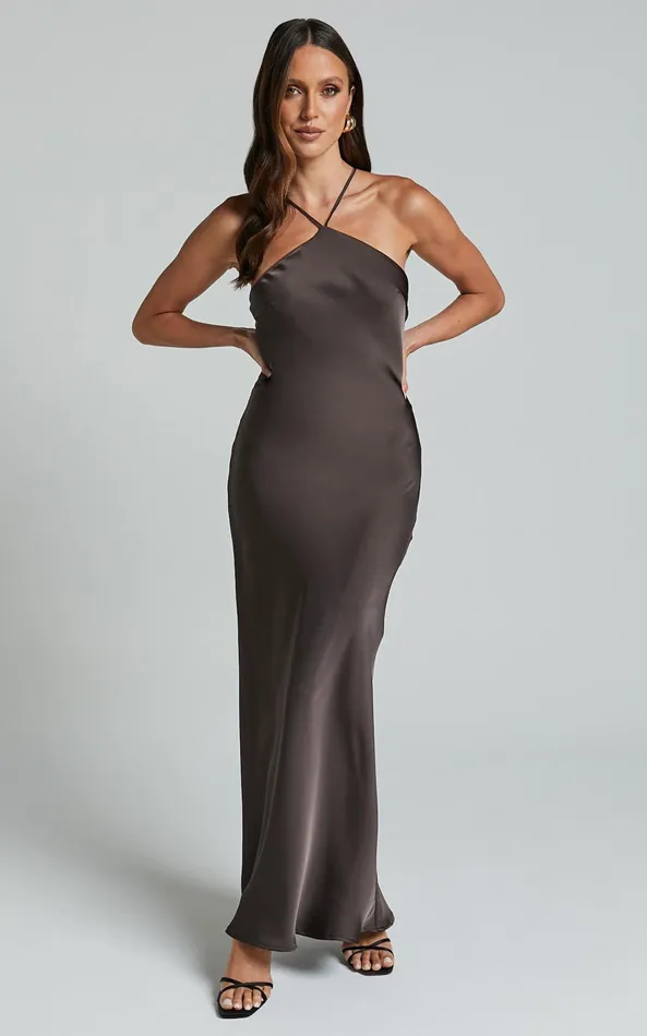 Showpo Aurora Midi Dress 8211 Halter Tie Neck Satin Bias Cut Dress In Espresso Women Dresses