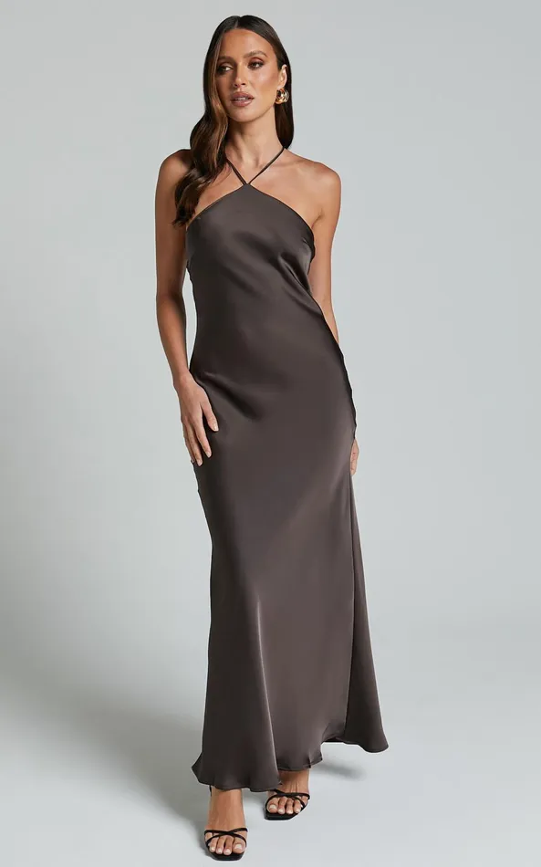 Showpo Aurora Midi Dress 8211 Halter Tie Neck Satin Bias Cut Dress In Espresso Women Dresses