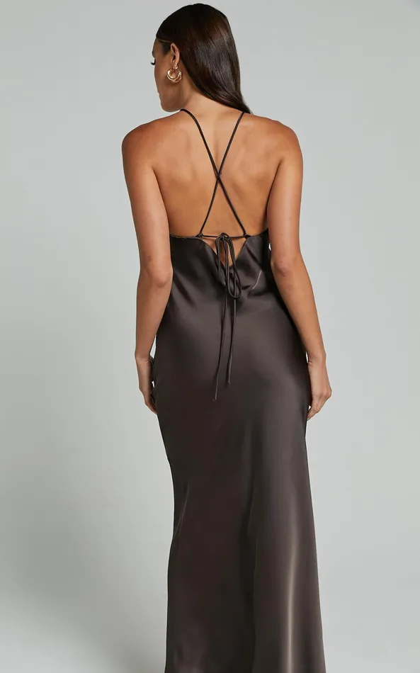 Showpo Aurora Midi Dress 8211 Halter Tie Neck Satin Bias Cut Dress In Espresso Women Dresses