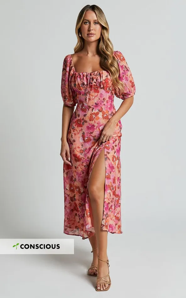 Showpo Austen Midi Dress 8211 Short Puff Sleeve Thigh Split Dress In Apricot Blossom Women Dresses Showpo Austen Midi Dress 8211 Short Puff Sleeve Thigh Split Dress In Apricot Blossom Women Dresses