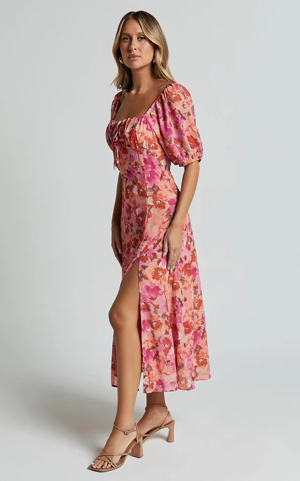Showpo Austen Midi Dress 8211 Short Puff Sleeve Thigh Split Dress In Apricot Blossom Women Dresses