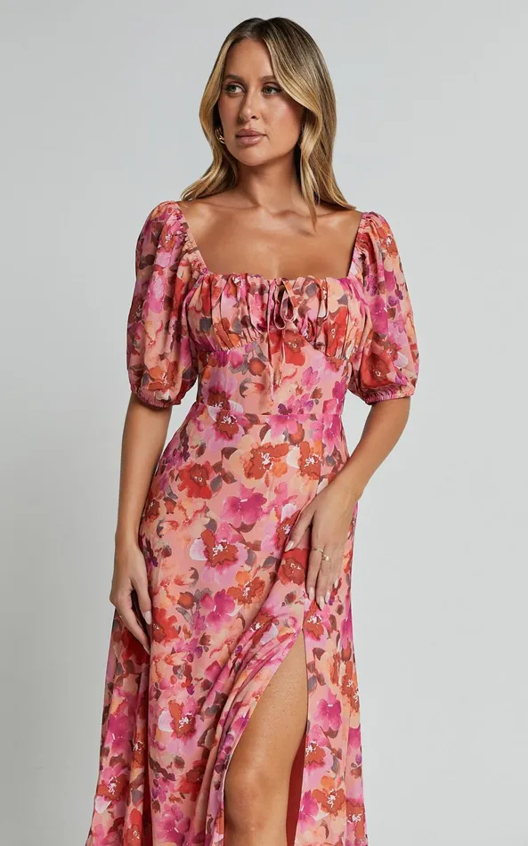 Showpo Austen Midi Dress 8211 Short Puff Sleeve Thigh Split Dress In Apricot Blossom Women Dresses
