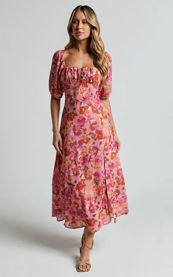 Showpo Austen Midi Dress 8211 Short Puff Sleeve Thigh Split Dress In Apricot Blossom Women Dresses