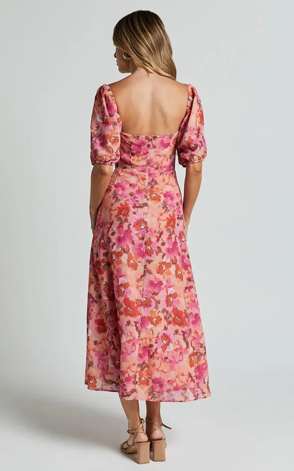 Showpo Austen Midi Dress 8211 Short Puff Sleeve Thigh Split Dress In Apricot Blossom Women Dresses