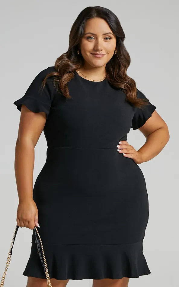Showpo Authority Mini Dress 8211 Peplum Scoop Neck Short Sleeve Frill Dress In Black Women Curve Clothes