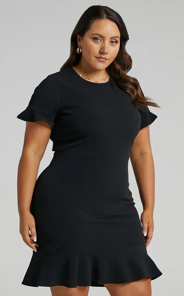 Showpo Authority Mini Dress 8211 Peplum Scoop Neck Short Sleeve Frill Dress In Black Women Curve Clothes
