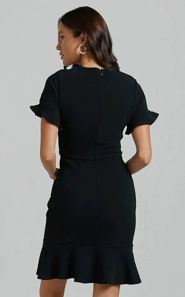 Showpo Authority Mini Dress 8211 Peplum Scoop Neck Short Sleeve Frill Dress In Black Women Curve Clothes