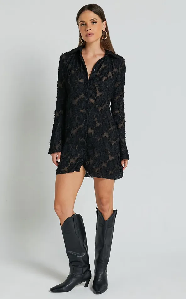 Showpo Ava Mini Dress 8211 Long Sleeve Fitted Clipped Jacquard Dress In Black Women Dresses
