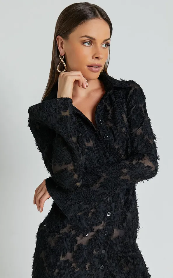 Showpo Ava Mini Dress 8211 Long Sleeve Fitted Clipped Jacquard Dress In Black Women Dresses