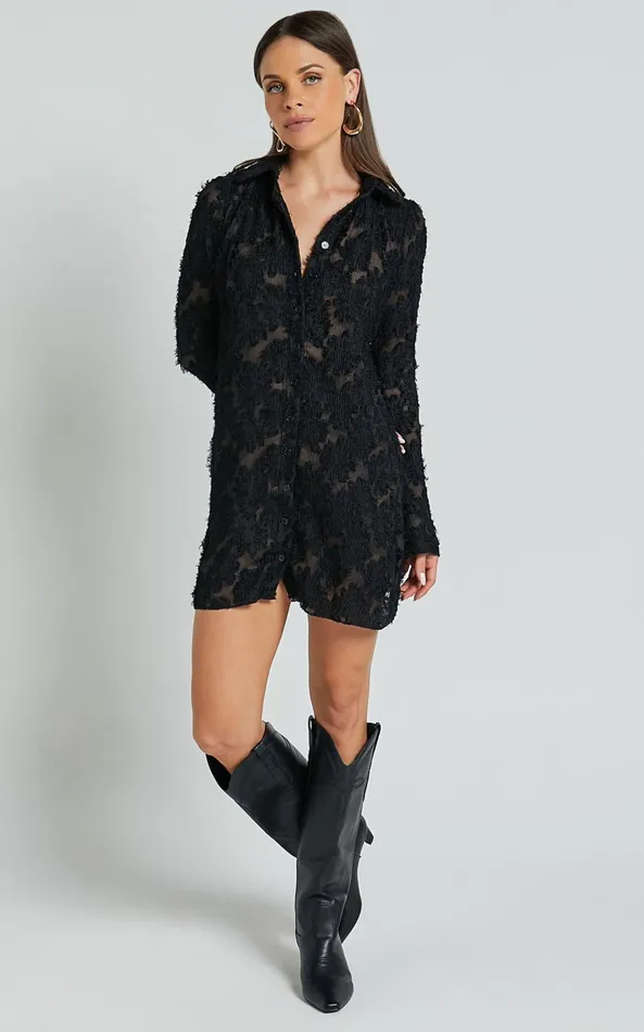 Showpo Ava Mini Dress 8211 Long Sleeve Fitted Clipped Jacquard Dress In Black Women Dresses