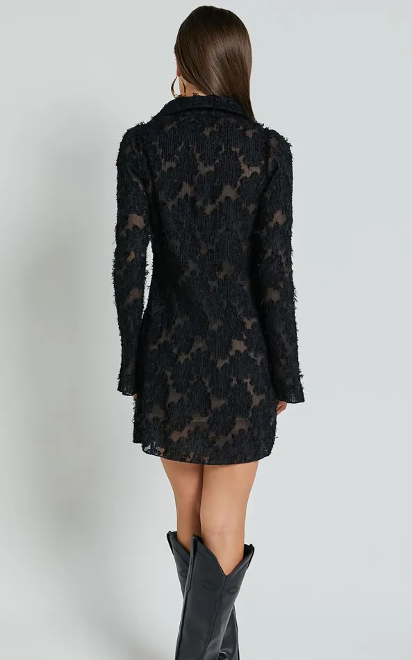 Showpo Ava Mini Dress 8211 Long Sleeve Fitted Clipped Jacquard Dress In Black Women Dresses