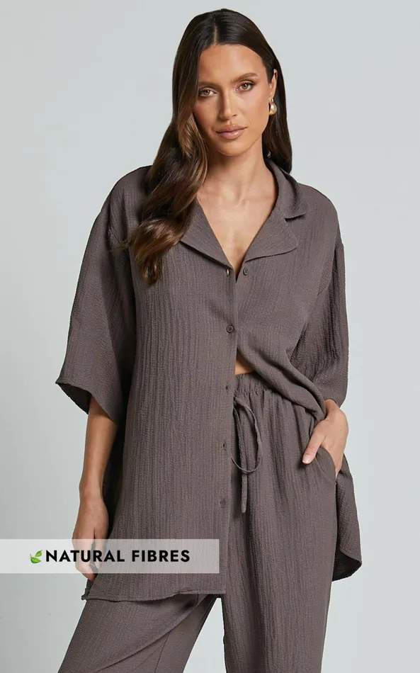 Showpo Ava Top 8211 Collar Button Through Oversized Short Sleeve Textured Shirt In Mocha Women Tops Showpo Ava Top 8211 Collar Button Through Oversized Short Sleeve Textured Shirt In Mocha Women Tops
