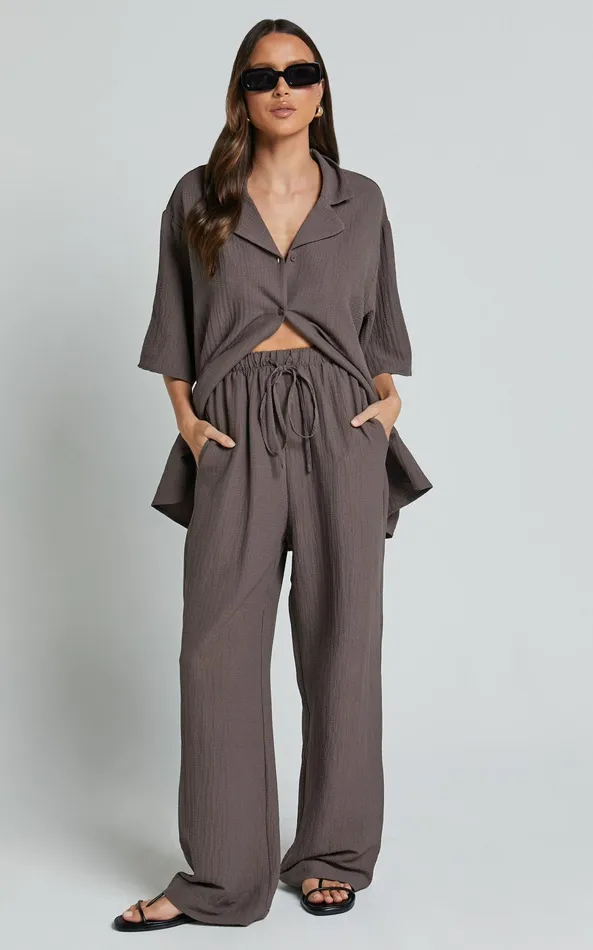 Showpo Ava Top 8211 Collar Button Through Oversized Short Sleeve Textured Shirt In Mocha Women Tops