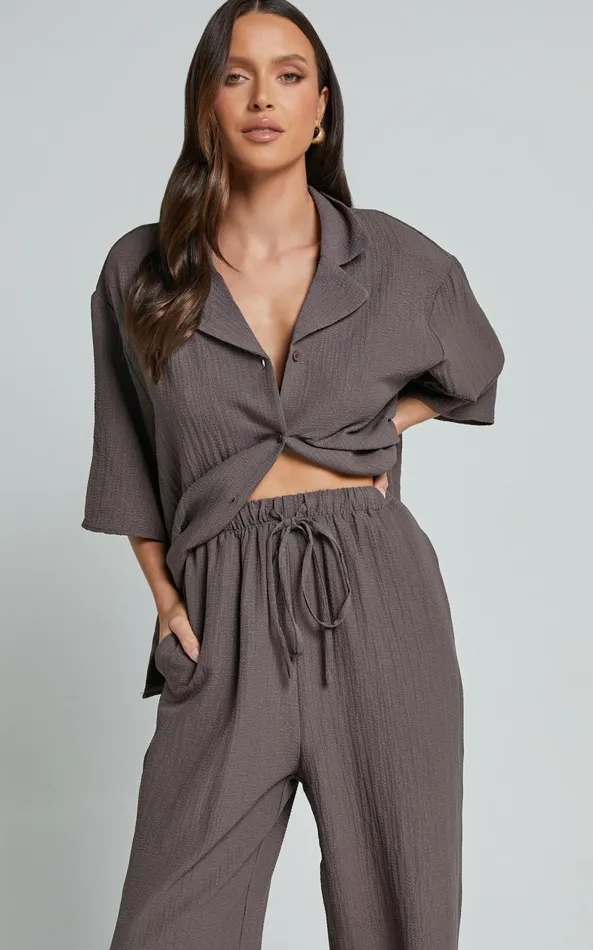 Showpo Ava Top 8211 Collar Button Through Oversized Short Sleeve Textured Shirt In Mocha Women Tops