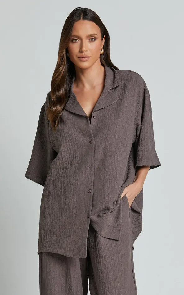 Showpo Ava Top 8211 Collar Button Through Oversized Short Sleeve Textured Shirt In Mocha Women Tops
