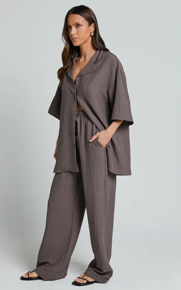 Showpo Ava Top 8211 Collar Button Through Oversized Short Sleeve Textured Shirt In Mocha Women Tops