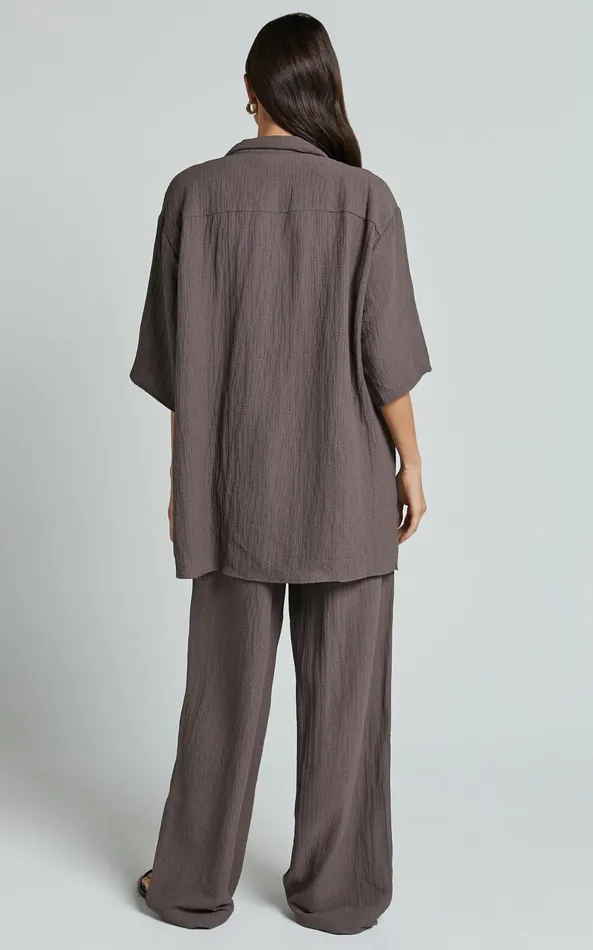 Showpo Ava Top 8211 Collar Button Through Oversized Short Sleeve Textured Shirt In Mocha Women Tops