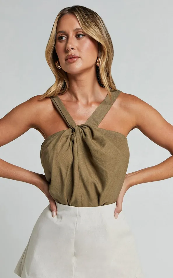 Showpo Avayah Top 8211 Linen Look Twist Halter Neck In Dark Olive Women Tops