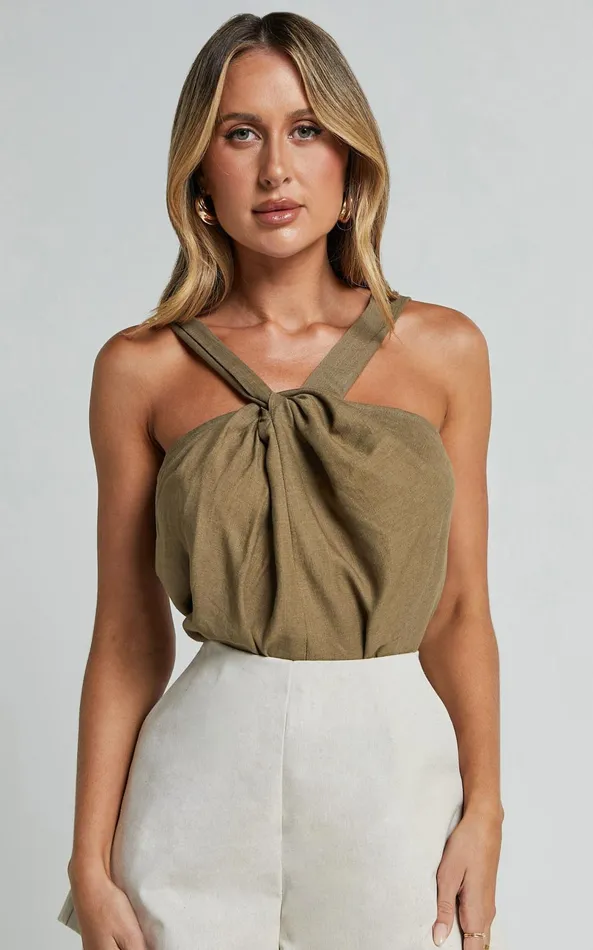 Showpo Avayah Top 8211 Linen Look Twist Halter Neck In Dark Olive Women Tops