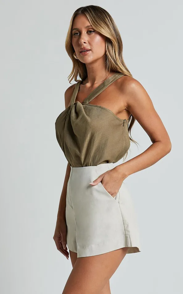 Showpo Avayah Top 8211 Linen Look Twist Halter Neck In Dark Olive Women Tops