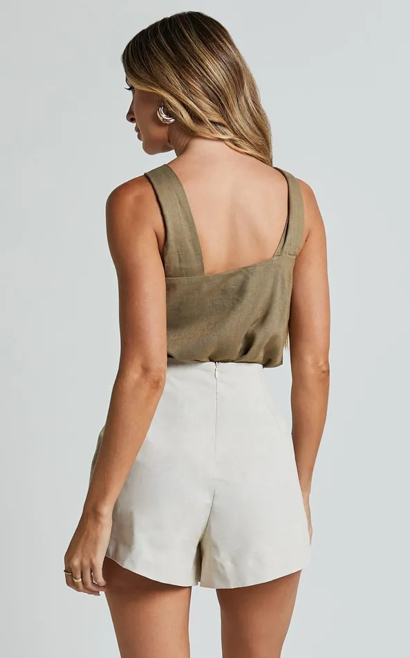Showpo Avayah Top 8211 Linen Look Twist Halter Neck In Dark Olive Women Tops