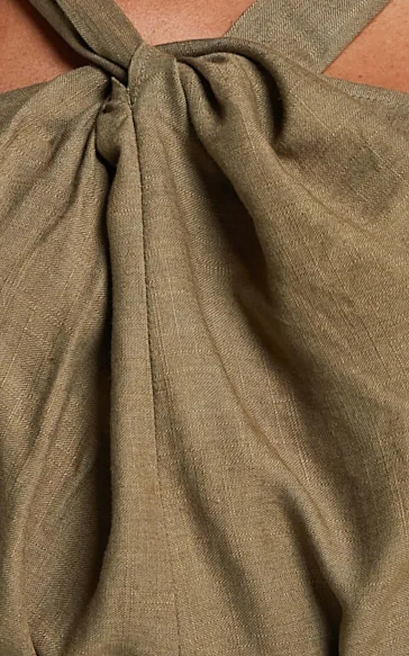 Showpo Avayah Top 8211 Linen Look Twist Halter Neck In Dark Olive Women Tops