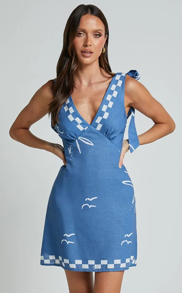 Showpo Aveda Mini Dress 8211 Tie Strap Deep V Neck Shift Dress In Blue Women Dresses