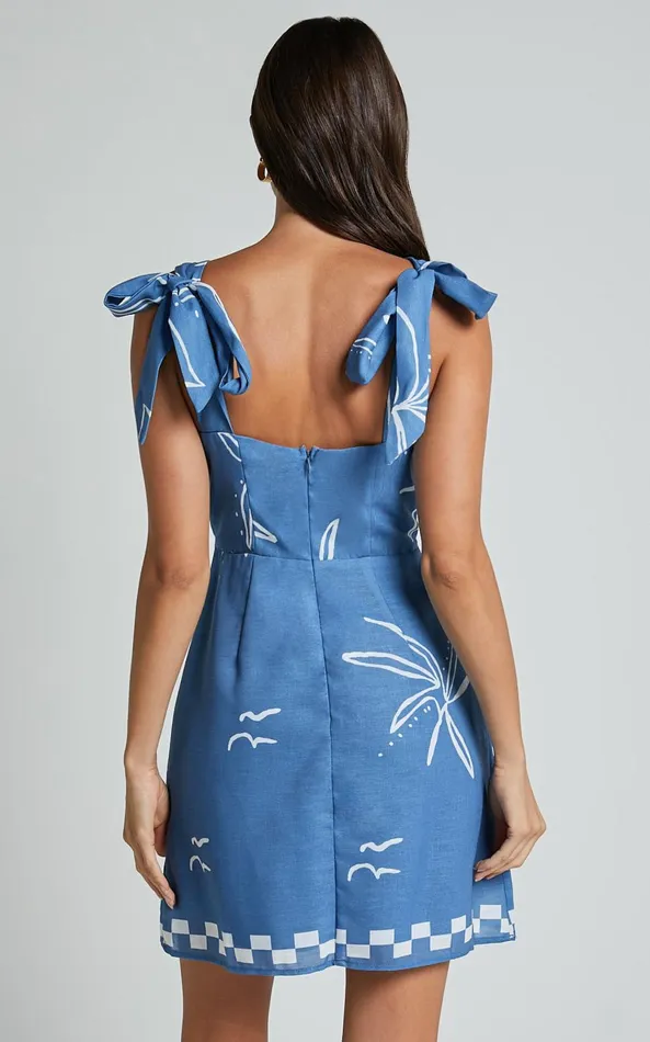 Showpo Aveda Mini Dress 8211 Tie Strap Deep V Neck Shift Dress In Blue Women Dresses