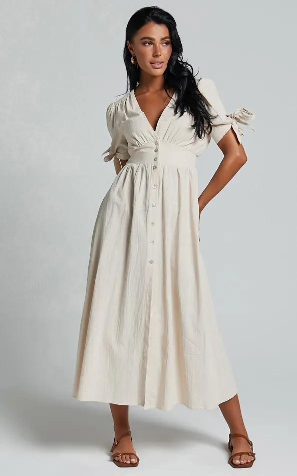 Showpo Avegail Midi Dress 8211 V Neck Button Through Short Sleeve Dress In Bone Women Dresses