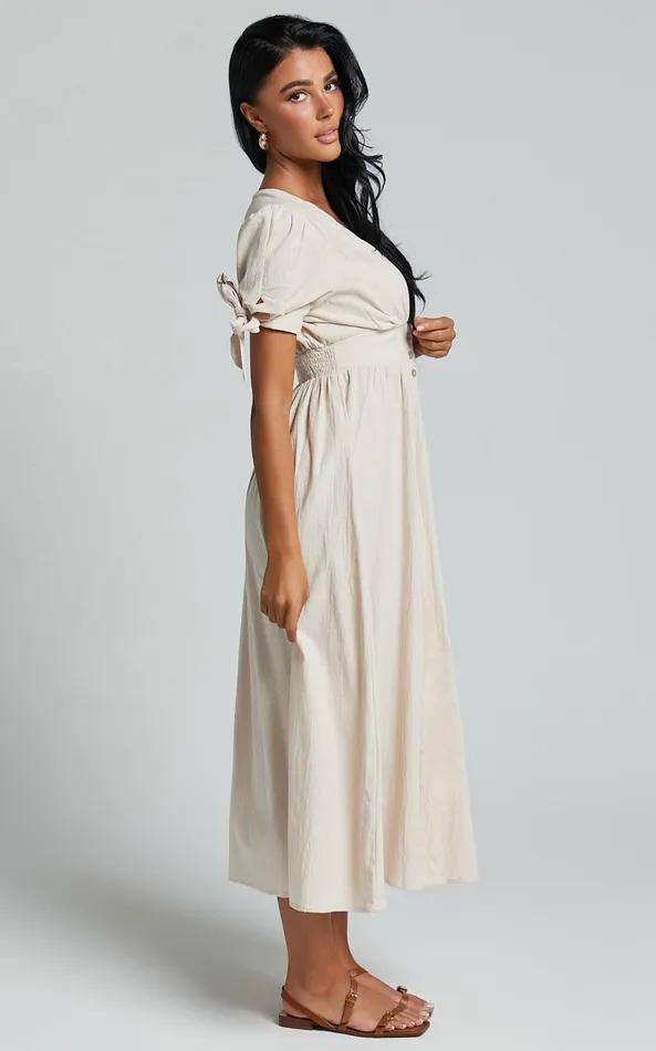 Showpo Avegail Midi Dress 8211 V Neck Button Through Short Sleeve Dress In Bone Women Dresses