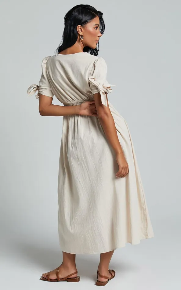 Showpo Avegail Midi Dress 8211 V Neck Button Through Short Sleeve Dress In Bone Women Dresses