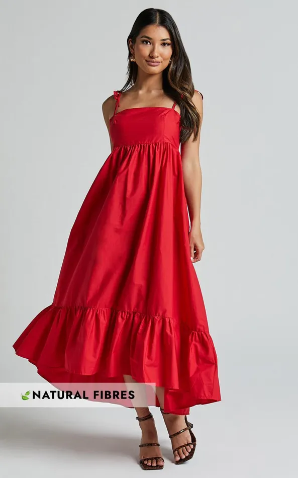 Showpo Aveiro Midi Dress 8211 Straight Neck Shoulder Tie High Low Ruffle Hem In Red Women Dresses Showpo Aveiro Midi Dress 8211 Straight Neck Shoulder Tie High Low Ruffle Hem In Red Women Dresses
