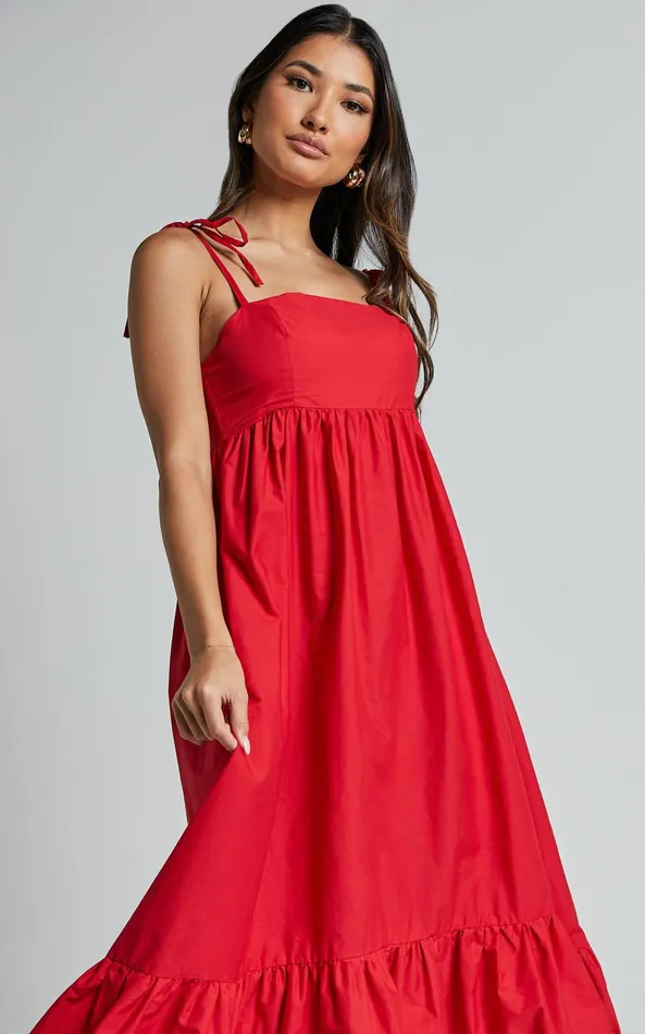 Showpo Aveiro Midi Dress 8211 Straight Neck Shoulder Tie High Low Ruffle Hem In Red Women Dresses