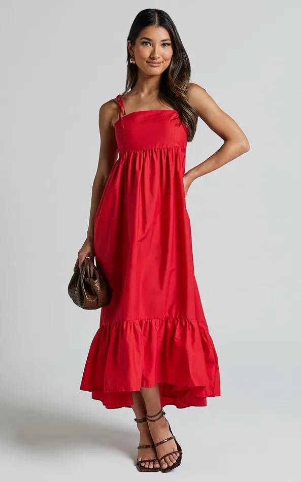 Showpo Aveiro Midi Dress 8211 Straight Neck Shoulder Tie High Low Ruffle Hem In Red Women Dresses