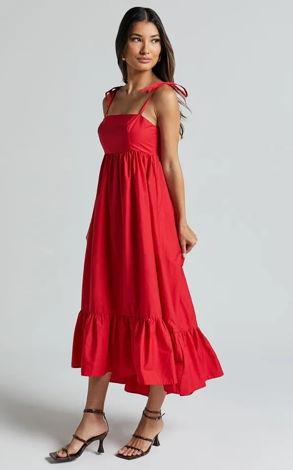 Showpo Aveiro Midi Dress 8211 Straight Neck Shoulder Tie High Low Ruffle Hem In Red Women Dresses