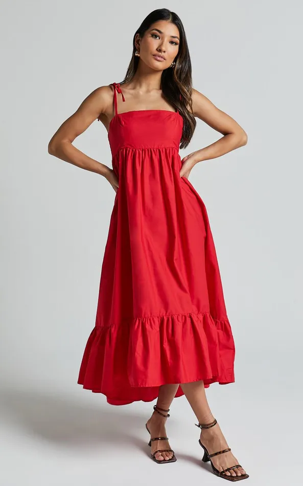 Showpo Aveiro Midi Dress 8211 Straight Neck Shoulder Tie High Low Ruffle Hem In Red Women Dresses