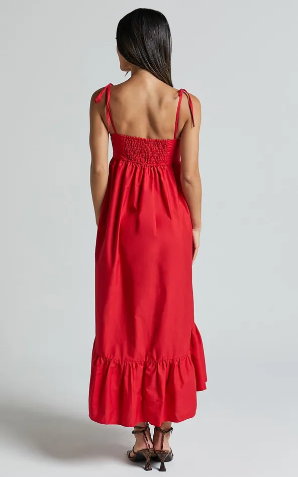 Showpo Aveiro Midi Dress 8211 Straight Neck Shoulder Tie High Low Ruffle Hem In Red Women Dresses