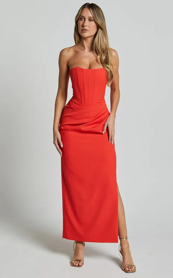 Showpo Avery Midi Dress 8211 Strapless Draped Side Split Dress In Orange Women Dresses Showpo Avery Midi Dress 8211 Strapless Draped Side Split Dress In Orange Women Dresses