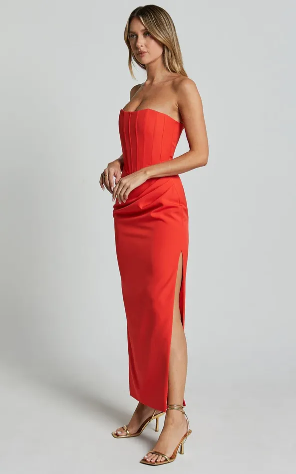 Showpo Avery Midi Dress 8211 Strapless Draped Side Split Dress In Orange Women Dresses