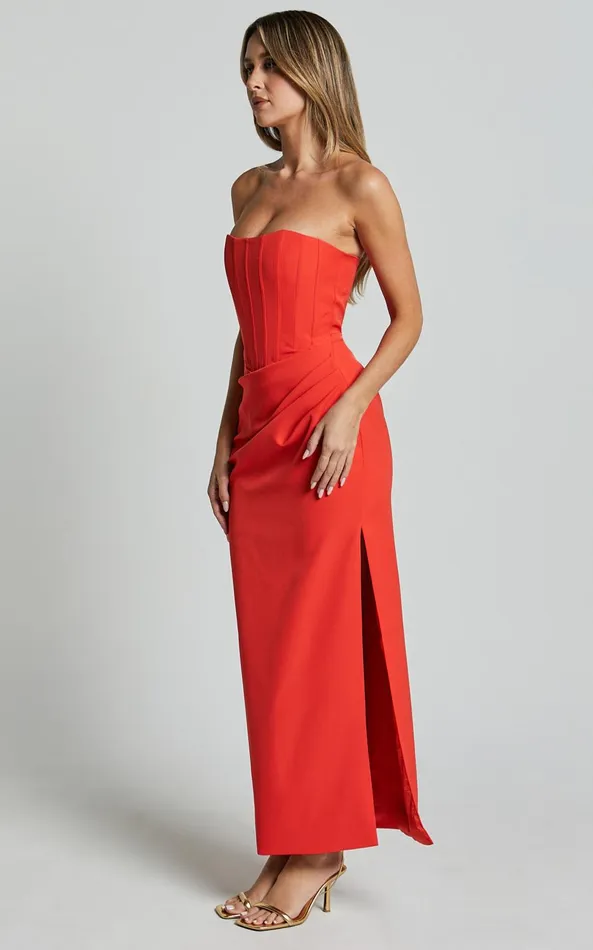Showpo Avery Midi Dress 8211 Strapless Draped Side Split Dress In Orange Women Dresses