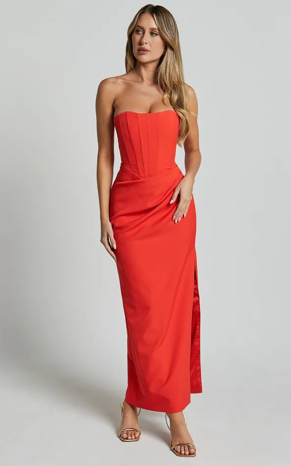 Showpo Avery Midi Dress 8211 Strapless Draped Side Split Dress In Orange Women Dresses