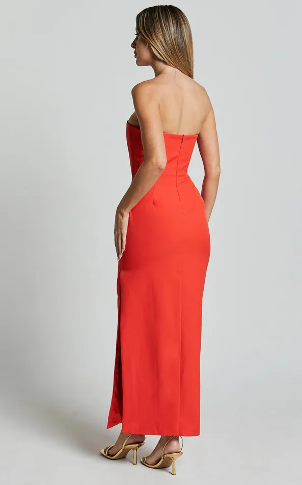 Showpo Avery Midi Dress 8211 Strapless Draped Side Split Dress In Orange Women Dresses