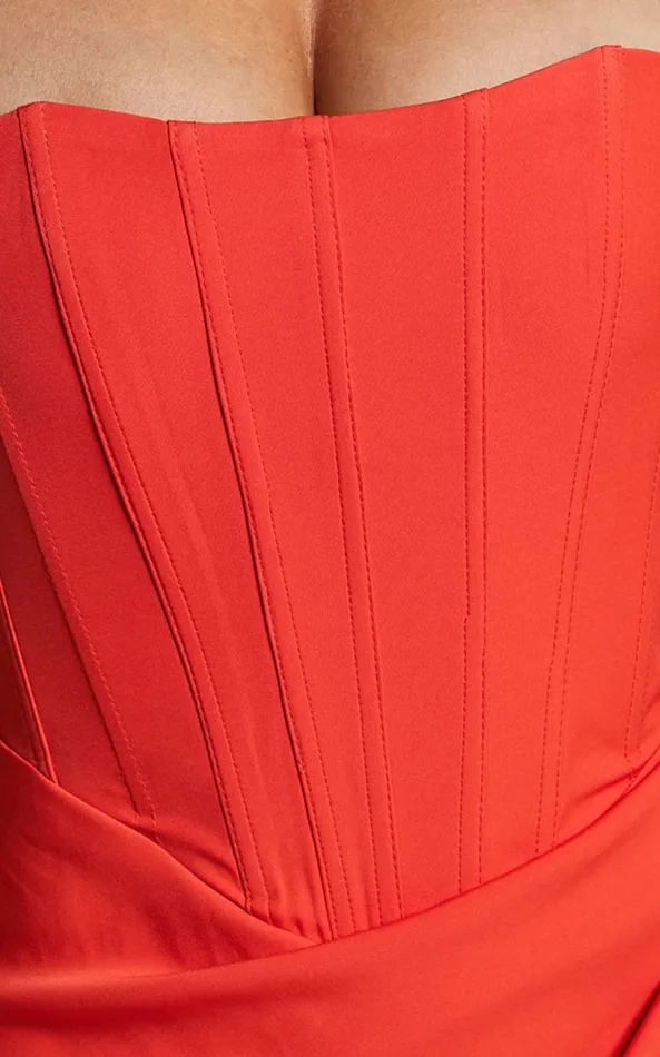 Showpo Avery Midi Dress 8211 Strapless Draped Side Split Dress In Orange Women Dresses