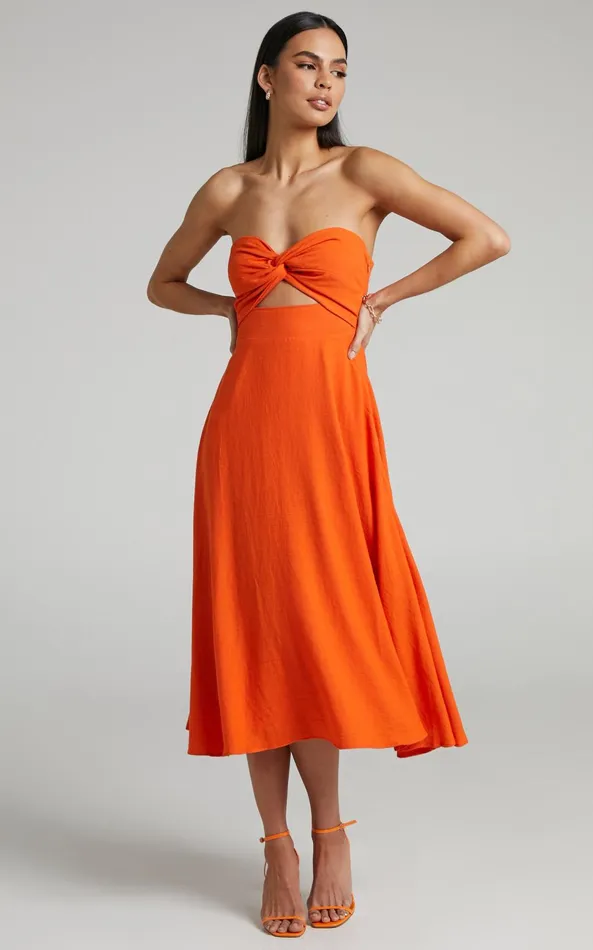 Showpo Avie Midi Dress 8211 Twist Strapless Cocktail Dress In Orange Women Dresses Showpo Avie Midi Dress 8211 Twist Strapless Cocktail Dress In Orange Women Dresses